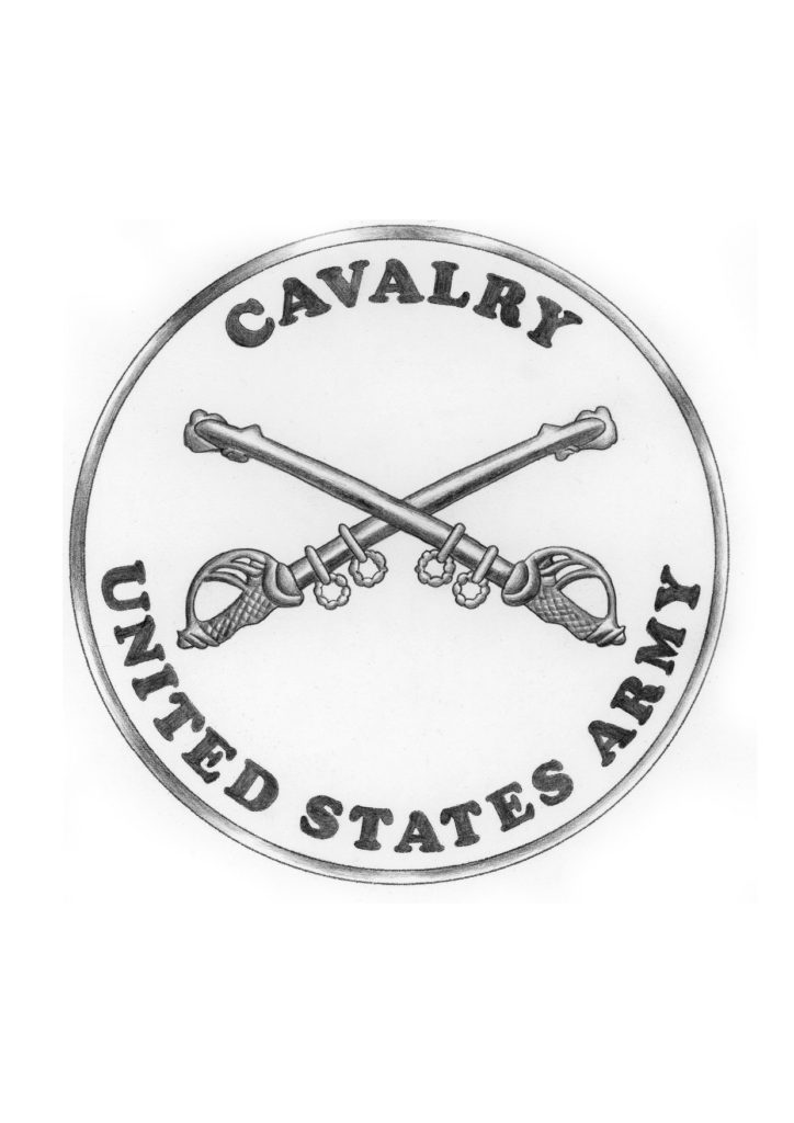 A black and white sketch of the United States Cavalry branch plaque.